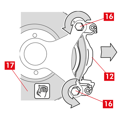 Den Auflagebereich der Bremsbeläge mit geeigneten Materialien und Produkten (z.B. feuchtes Tuch) reinigen. Eventuellen Klebereste auf der Auflagefläche der Bremsbeläge am Bremssattelgehäuse entfernen.