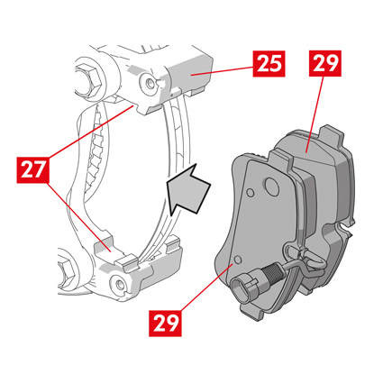 Setzen Sie die Bremsbeläge (Punkt 29) wieder in die Bremssattelhalterung (Punkt 25) ein; verwenden Sie einen Schraubendreher, um auf die seitlichen Federn (Punkt 27) zu drücken.
