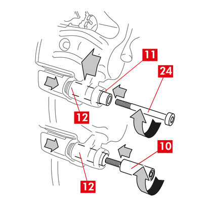 Die andere Führungsbuchse (Punkt 10 wieder in die Aufnahme der Bremssattelhalterung (Punkt 12) einsetzen.   8. Bei einer nicht integrierten Führungsbuchse (Punkt 11) ist eine neue Schraube (Punkt 24) zu montieren und anzubringen.  ACHTUNG! Beim Austausch der Bremssattelhalterung an den Hinterrädern mit Federung und Blattfedern müssen das Bremssattelgehäuse wieder auf die Bremssattelhalterung aufgesetzt, die beiden Buchsen wieder eingesetzt und zwei neue Schrauben eingesetzt werden.