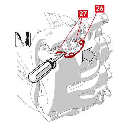 Bei Restmoment-Ausgleichsfedern (Punkt 26) haken Sie die Feder unter der Platte (Punkt 27) des Bremsbelags ein und haken Sie sie mit einem Hohlspitzschraubendreher unter der Platte des anderen Bremsbelags ein.  GEFAHR! Ein unsachgemäßes Einspannen der Feder kann dazu führen, dass sie herausspringt. ACHTUNG! Achten Sie auf die richtige Montagerichtung.