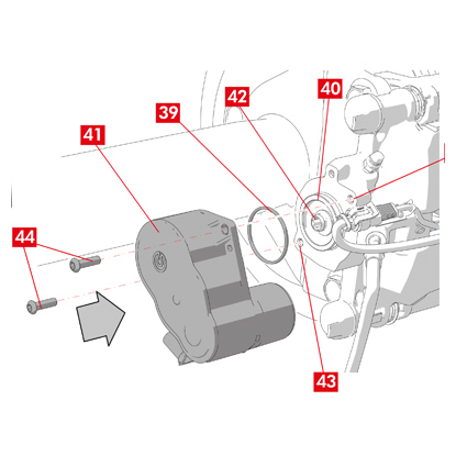Setzen Sie die Dichtung (Punkt 39) in ihren Sitz (Punkt 40) auf dem Bremssattelgehäuse.   6. Setzen Sie den Getriebemotor (Punkt 41) auf die Torxschraube (Punkt 42) am Bremssattelgehäuse ein.   7. Drehen Sie den Getriebemotor (Punkt 41) so, dass sich die Bohrungen (Punkt 43) der Befestigungsschrauben (Punkt 44) in der gleichen Einbaulage wie zu Beginn befinden.  ACHTUNG! Bei der Montage des Getriebemotors auf dem Bremssattelgehäuse ist darauf zu achten, dass die Dichtung (Punkt 39) nicht eingeklemmt wird.   8. Setzen Sie die Befestigungsschrauben (Punkt 44) ein und ziehen Sie sie mit einem Anzugsdrehmoment von 7 bis 10 Nm fest.