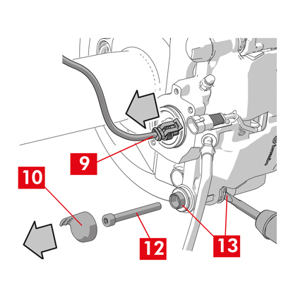 Den Verschleißanzeiger (Punkt 9), falls vorhanden, von der Klemme im Fahrzeug, lösen Sie ihn vom Blech (Punkt 2), das ihn am Bremssattel hält und von eventuellen Haken am Fahrgestell.   2. Entfernen Sie die Schutzkappe (Punkt 10) von der zweiten Buchse (Ausgangsseite der vorwärts drehenden Scheibe).