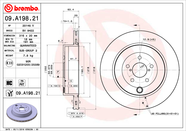 Brake disc Brembo 09.A198.21