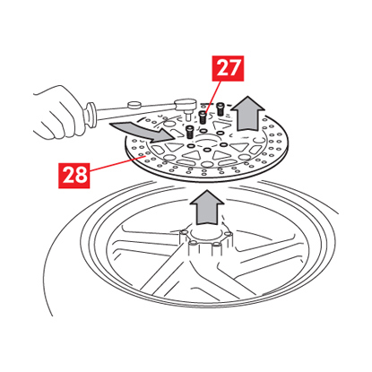 Os parafusos de fixação do disco são desenroscados e removidos para poder remover o disco.